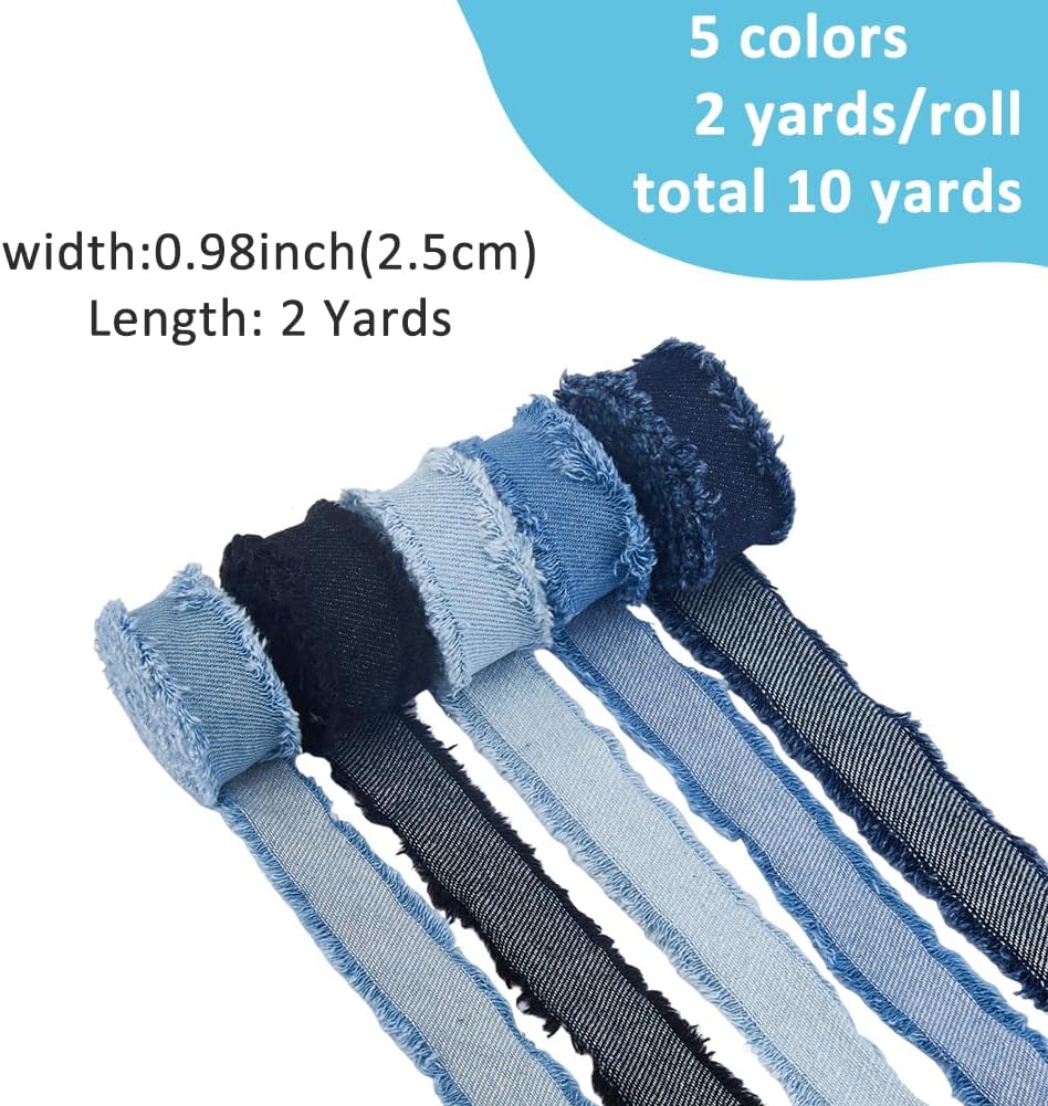 SUPERFINDINGS 5 Rolls Total 10 Yards Fringes Fabric Ribbon 0.98" Width Denim Ribbon Wrapping Frayed Cotton Jean Fabric Ribbon for Gifts Wrapping Hair Sewing Accessories Weddding Decor