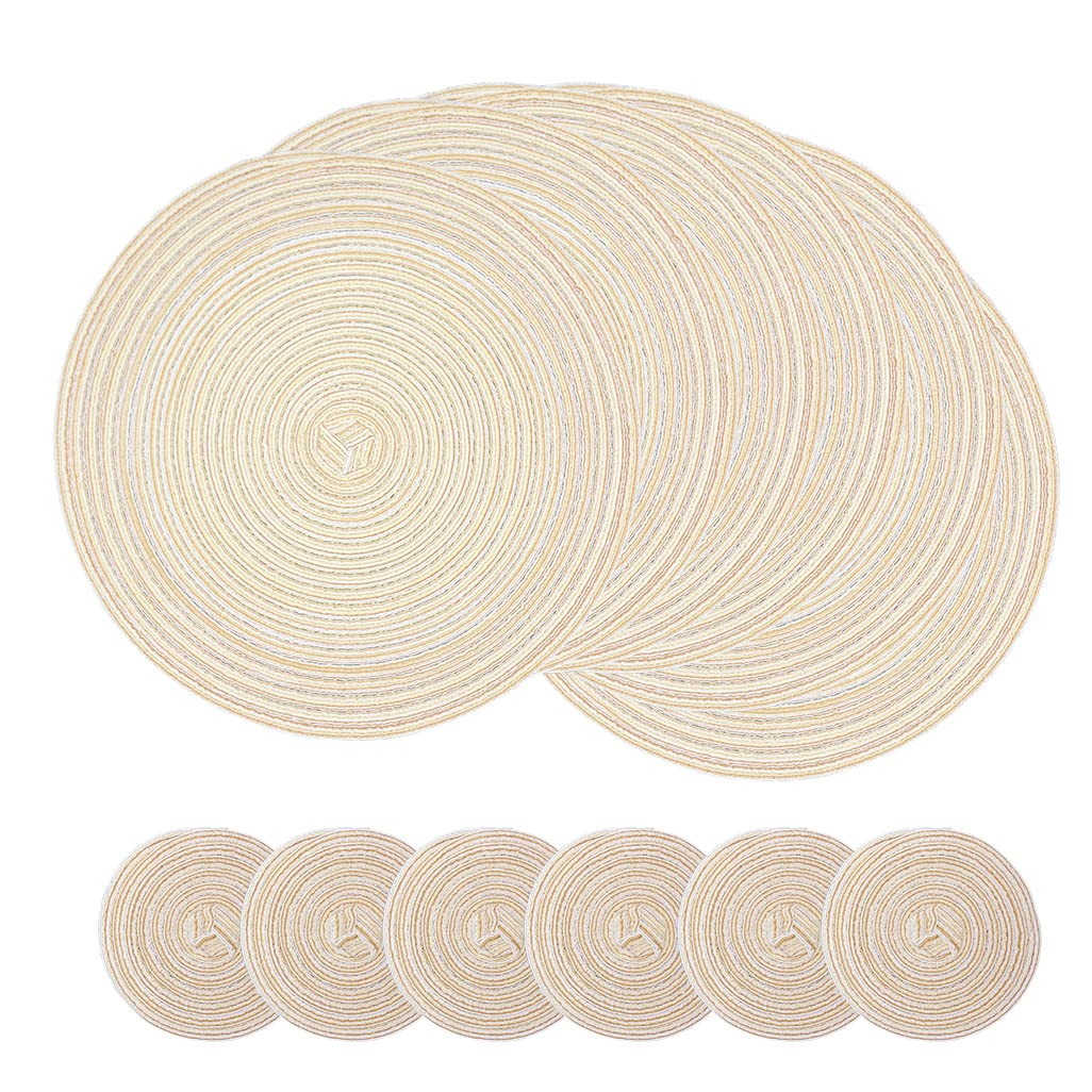 SCF2017 Round Woven 12Pcs Cotton Placemats, Heat Resistant Washable 30cm Table Mats and 11cm Coasters,Beige