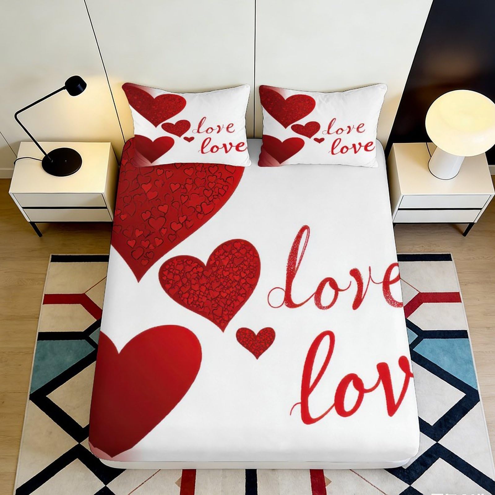 3D Printed Red Heart Love Fitted Sheet Microfiber Bed Cover for Bedroom Guest Room Easy Care Decorative 90x200x25cm