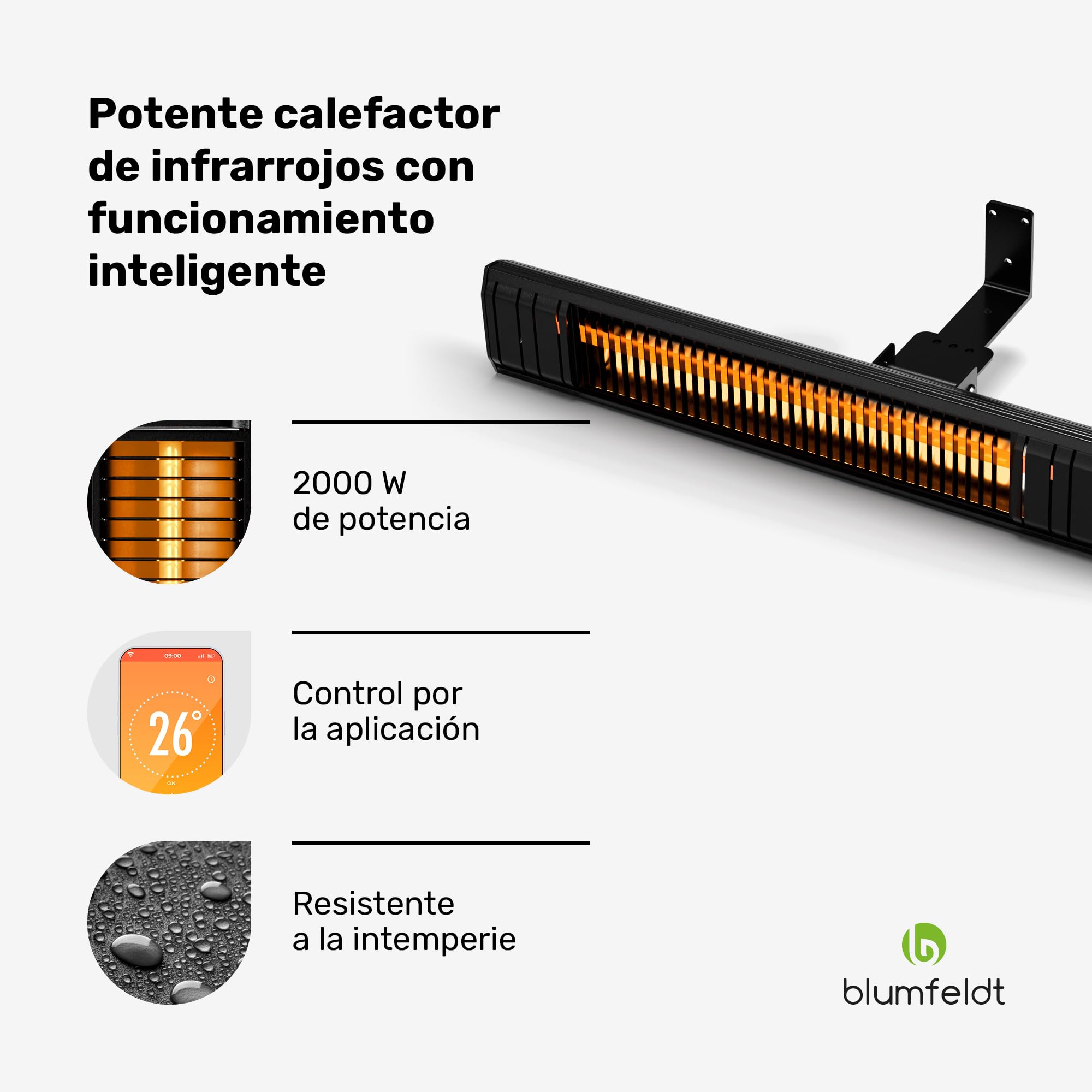 Blumfeldt Calefactor infrarrojo 2000w – montaje en pared & techo, exterior IP65, 9 ajustes de calor, control Wifi inteligente, tubos de oro, para balcón, terraza & jardín