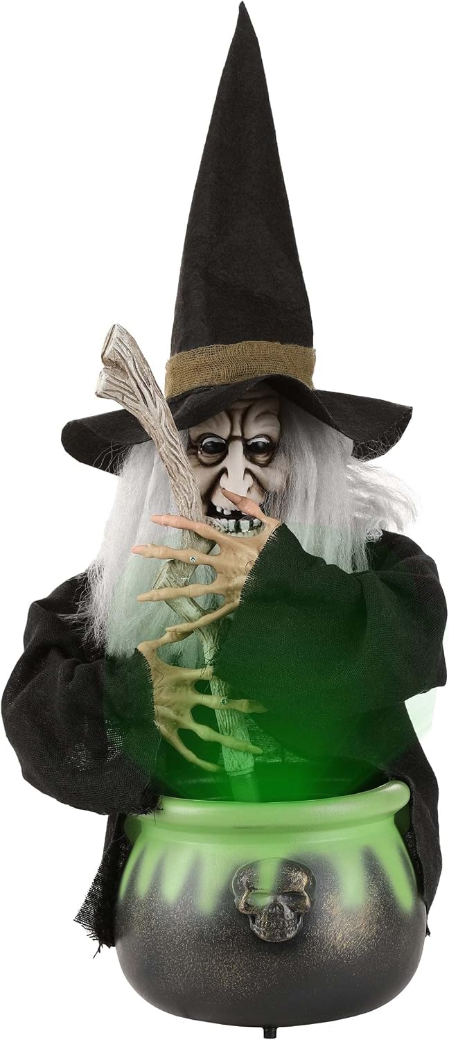 Fun Costumes Witch Brewing Cauldron Black Hat Scary Creepy Display Decoration with Light-Up Feature & Moving Witch Battery Operated