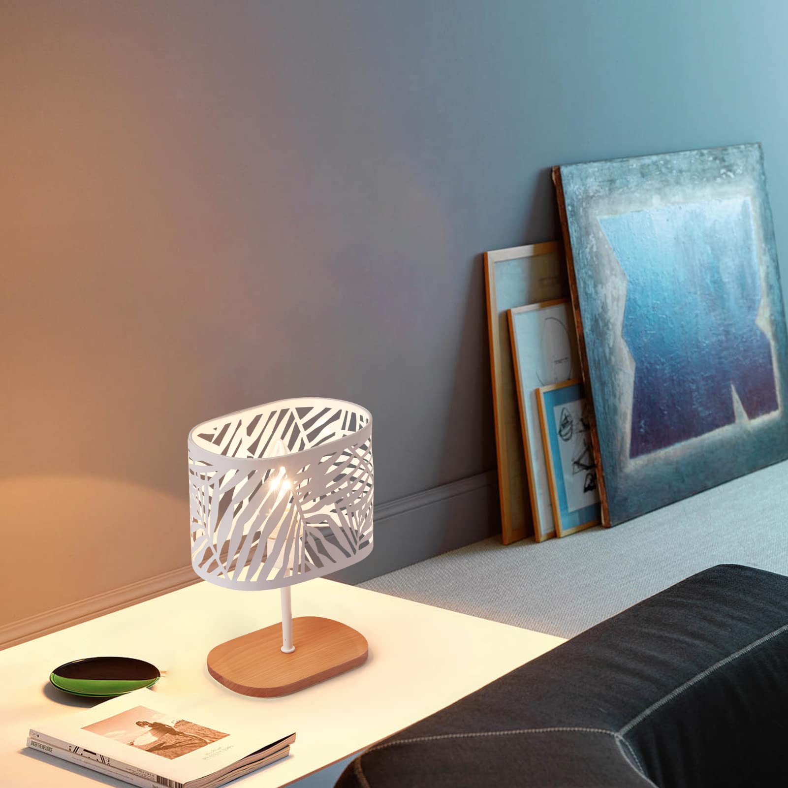 Lámpara de noche pequeña, lámpara de escritorio E14 con base de madera y pantalla de metal para dormitorio, habitación infantil, bar, blanco (sin bombillas)