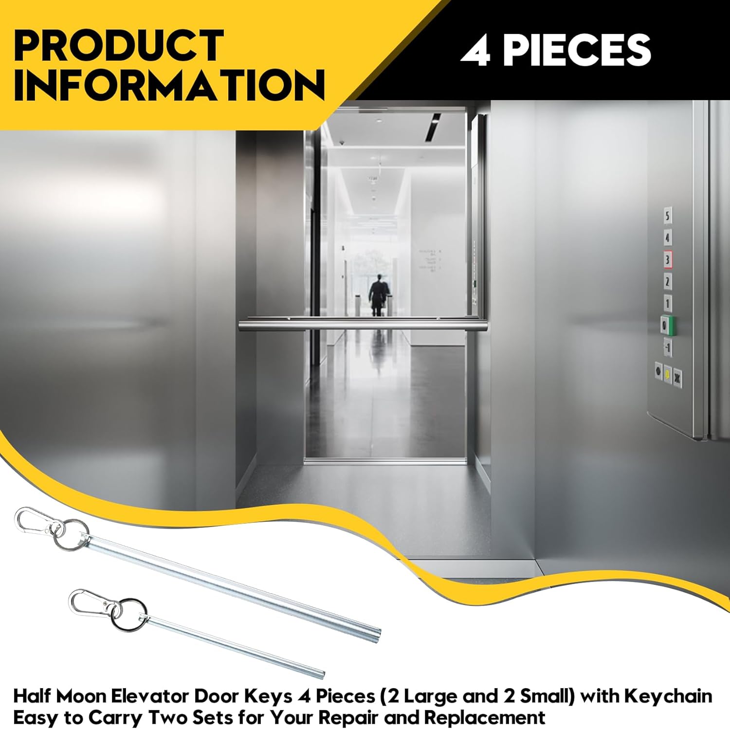 Half Moon Elevator Door Keys, Large for Otis Elevator Doors, Small for Westinghouse/Schindler Elevator Doors with Key Fob, 4-Pack (2 Large, 2 Small)