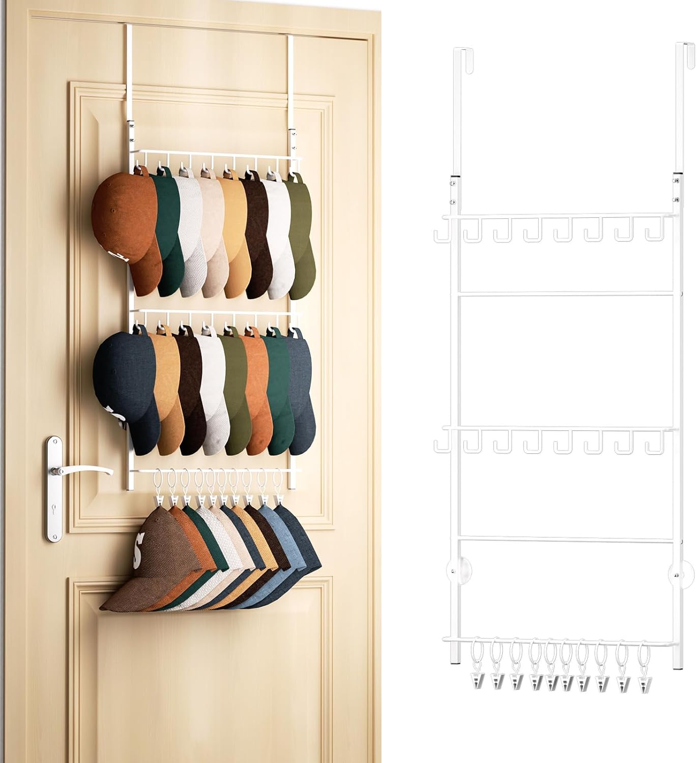 HapiRm Over Door Hat Rack – 3 Tier Wall Mounted Hat Holder with 16 Hooks and 10 Movable Clips, Cap Hanger Storage up to 26 Caps for Door, Bedroom, Closet USPTO Patent Pending