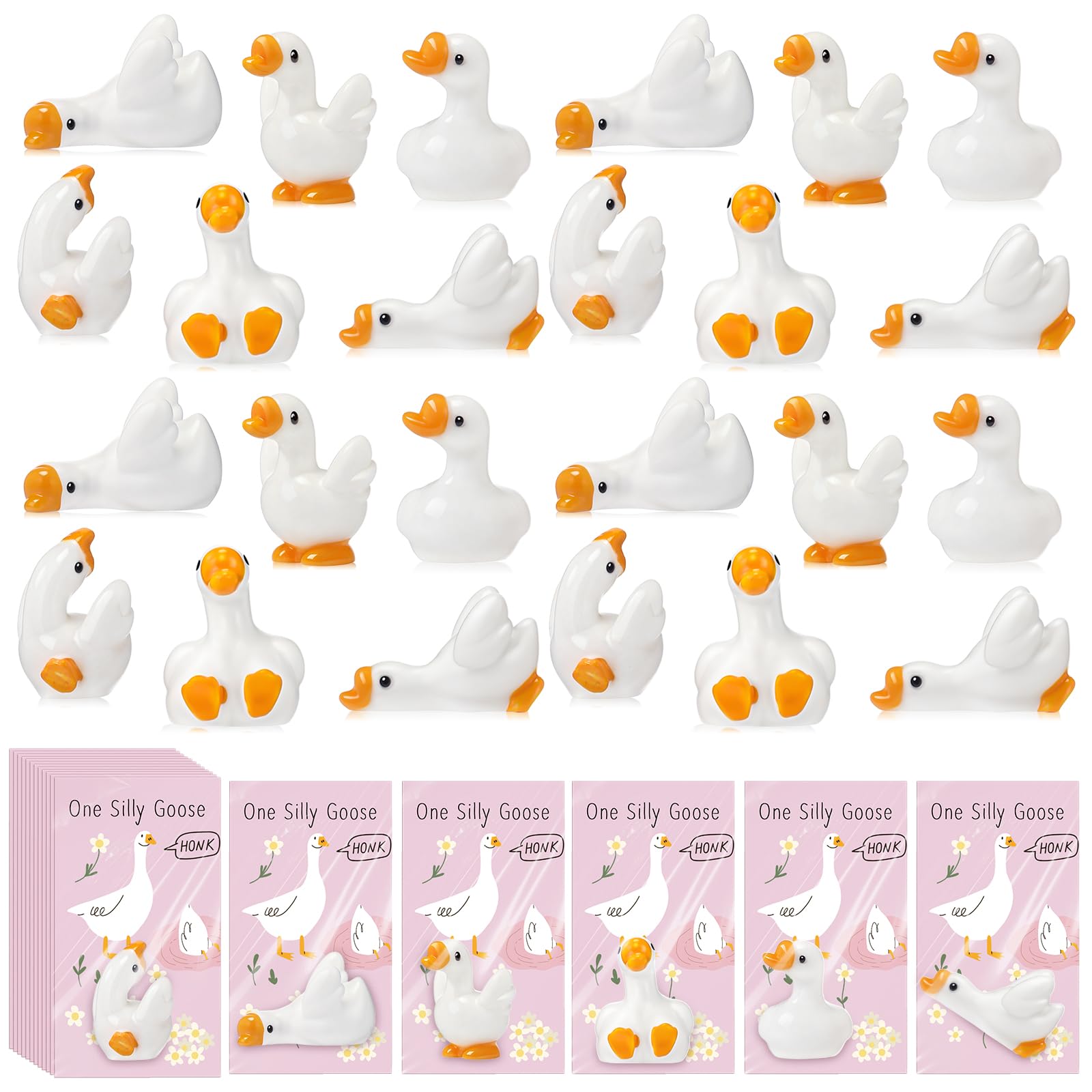 Weysat 30 Sets One Silly Goose Birthday Party Decor Baby Shower Party Favor Mini Resin Goose Figurines with Cards for Guest Birthday Decor(Pink)