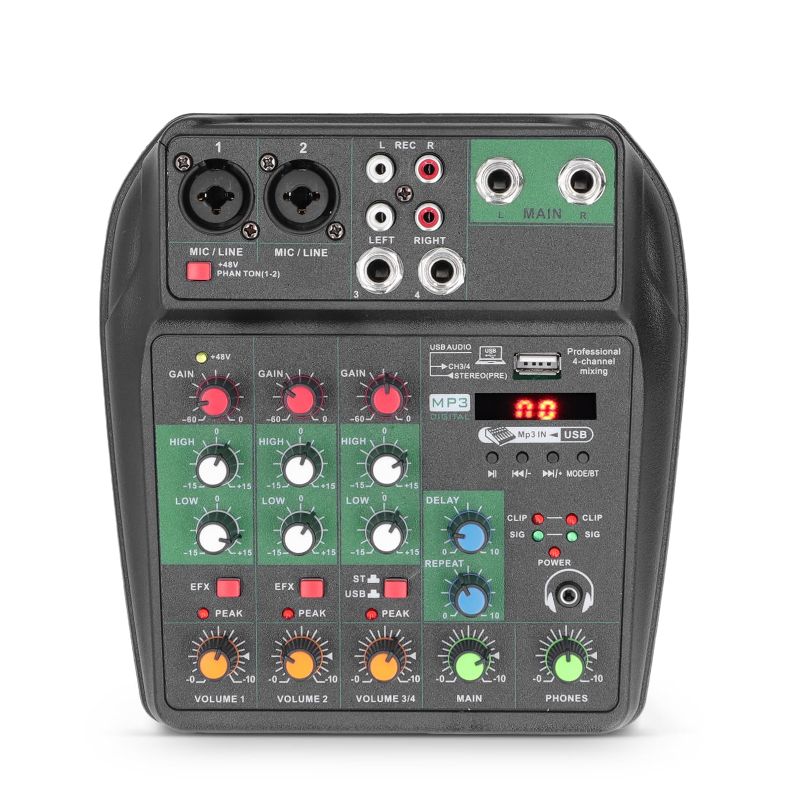Mini Table De Mixage Audio 4 Canaux USB Bluetooth Alim Fantôme 48V - Studio DJ Karaoké