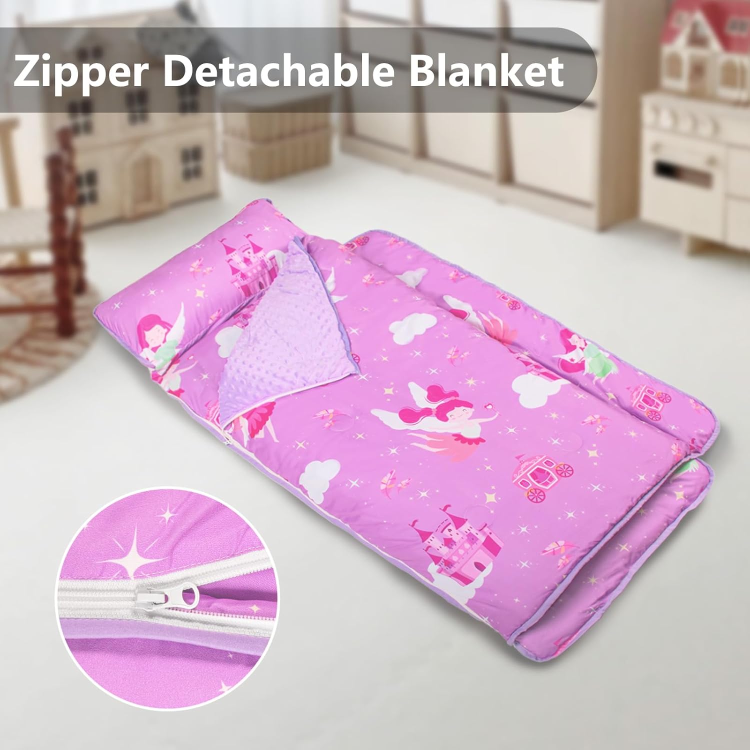 primlect toddler nap mat extra large thickened 55''x35'', soft sleeping bag with detachable minky blanket and pillow, portable for daycare, preschool, kindergarten, travel, boys and girls purple princess