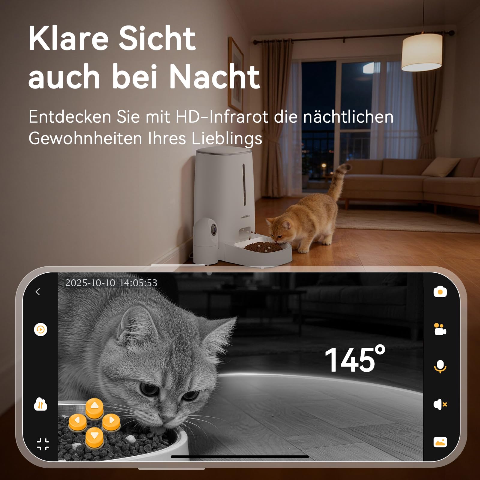 Futterautomat Katze Hunde mit Kamera 4L, Katzenfutter Automat mit 1080P HD-Video mit Nachtsicht & Zwei-Wege-Audio, Abnehmbare Kamera, 2,4G/5G WiFi App-Steuerung, KI Funktion