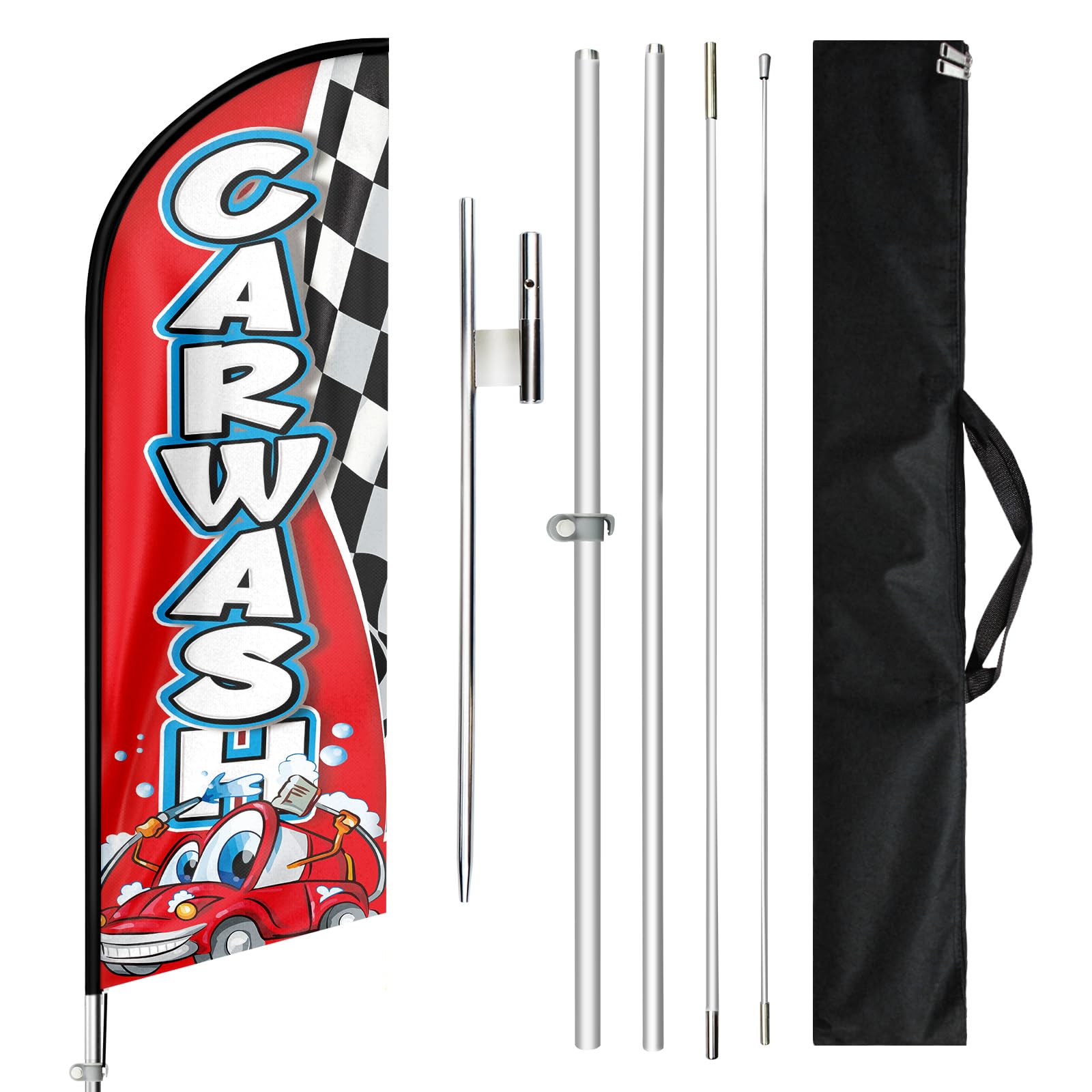 Car Wash Flags, 11FT Windless Car Wash Feather Flag with Aluminum Alloy Flagpole, Stainless Steel Ground Stake, Portable Bag, Carwash Signs Flags for Business