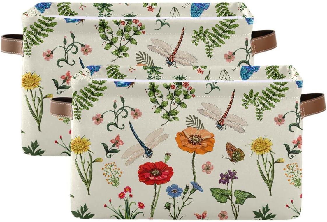 Spring Flowers Herbs Dragonfly Storage?Basket?Fabric?Laundry?Baskets Sunflower Lavender Daisy Storage?Boxes?Organizer?Bag?for?Baby?Cloth?Dog?Toy?Book?Storage?Cubes?Shelf?Closet?Bins?16¡Á12¡Á8?Inches