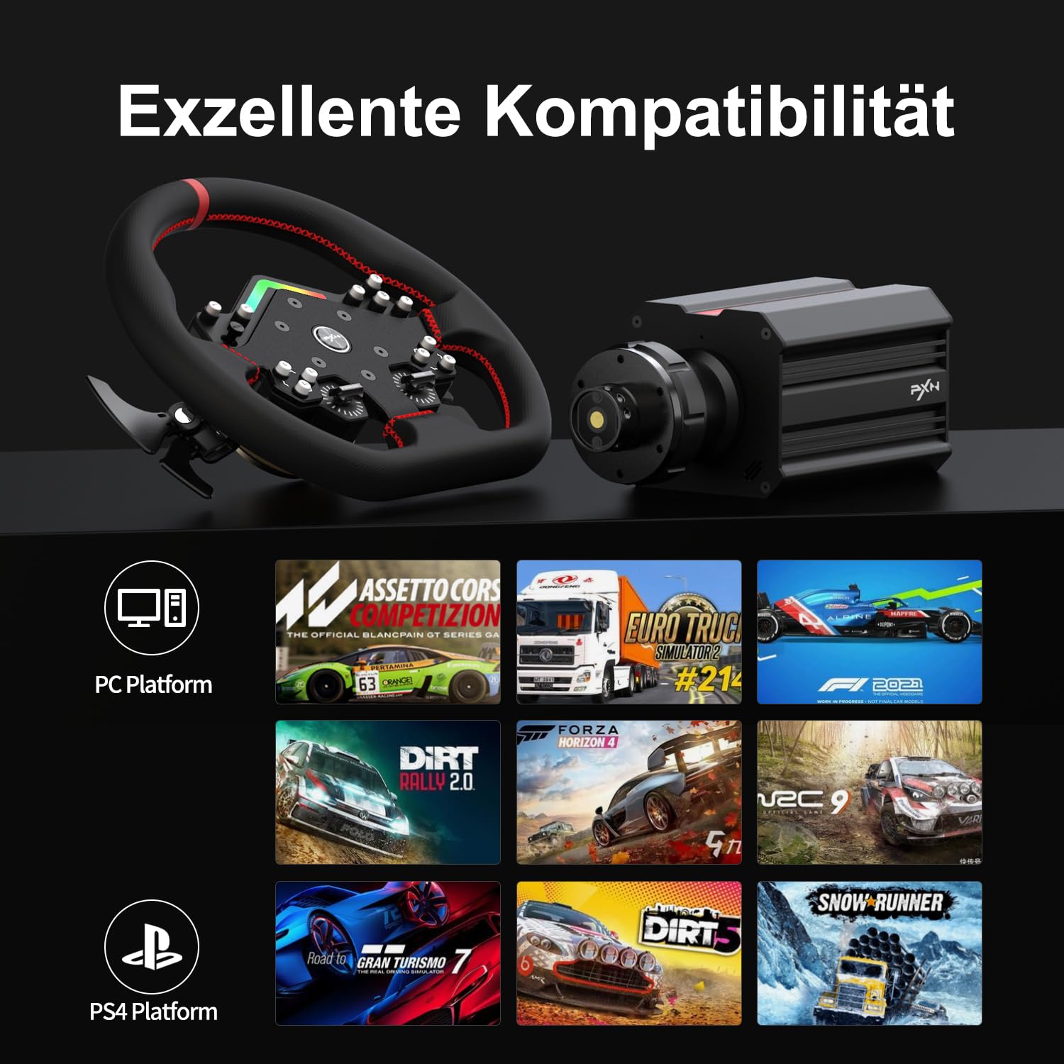 PXN V12 Lite Direct Drive Lenkrad – 6 Nm Force Feedback, Servomotor, 3-Pedal-Set – Gaming Lenkrad für PC, PS4, Xbox One, Xbox Series X/S