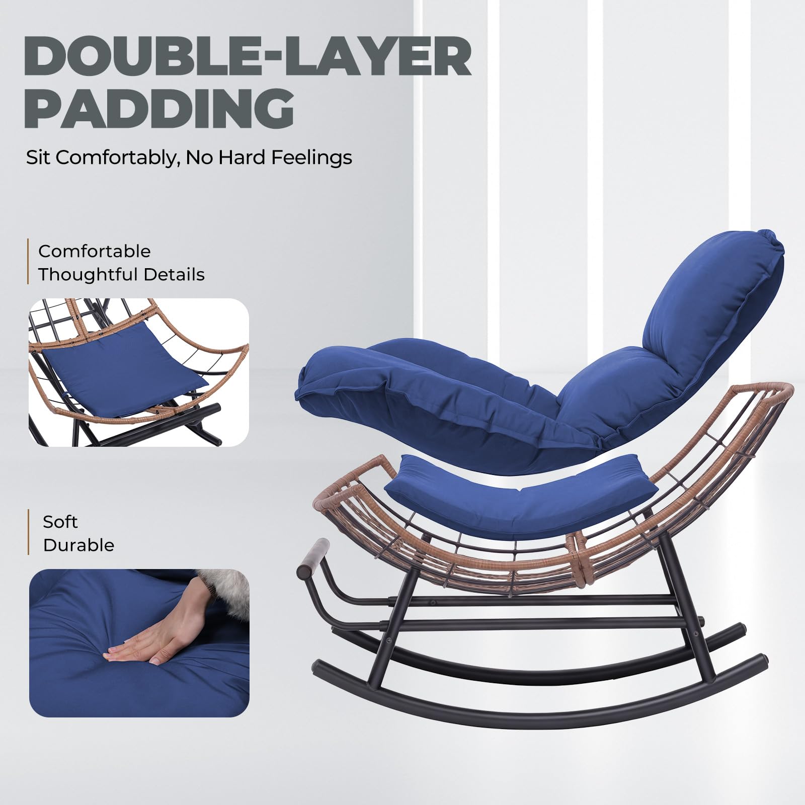 COMHOMA Sedia a dondolo, poltrona relax, struttura in acciaio, poggiapiedi estraibile, portata fino a 136 kg, per dormire, soggiorno, terrazza, giardino, blu