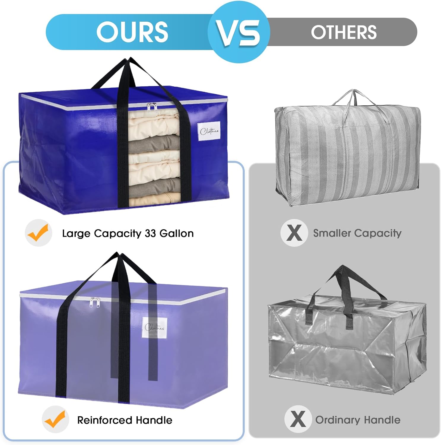 BlissTotes 2 Pack Moving Bags with Clear Window, Storage Bags with Strong Carrying Handles & Zippers,Large Packing Bags for Saving Space, Alternative to Moving Boxes(Blue,33 Gallon)