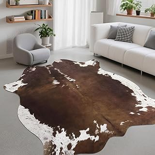 DweIke Faux Cowhide Print Rug for Living Room, 4.6 x 5.2 ft Dark Brown Western Animal Cow Hide Rugs, Non Slip Cool Cow Skin Carpet for Bedroom Dining Room Farmhouse Entrance Home Decor