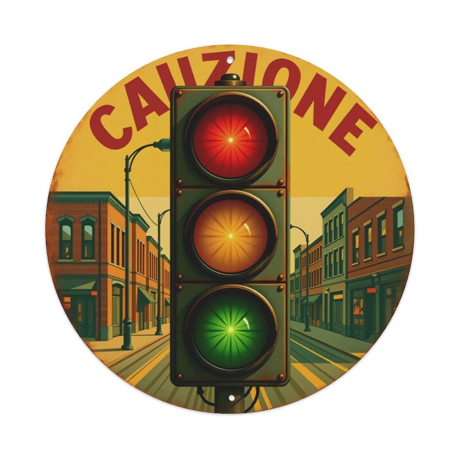 American Vintage Street Traffic Light Warning Round Sign Vintage Aluminium Metal Sign, Retro Wall Decor for Home, Bar, Garage & Farmhouse 20x20cm