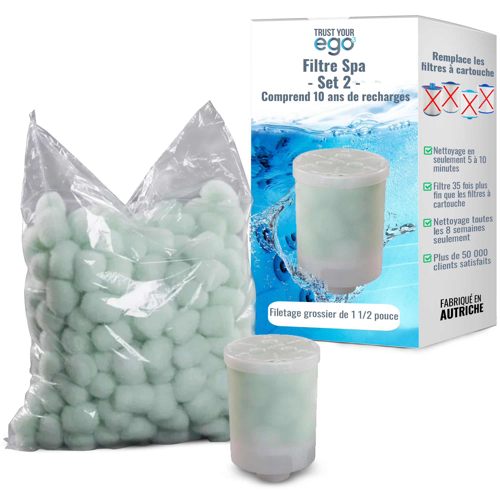 EGO3 Kit Filtre Spa 2 Filetage Grossier 1½ Pouce + 10 recharges annuelles – remplace Cartouches Classiques Bain à remous – 300g balles filtrantes – Fabriqué en UE (1 récipient + 300g balles)