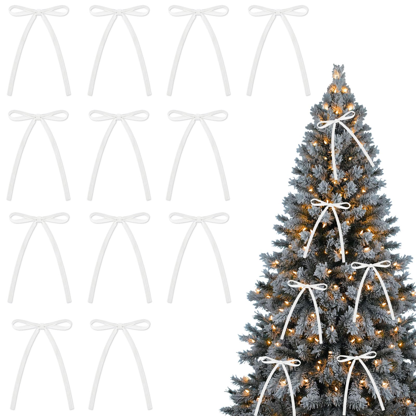 Fogcosy 12Pcs Velvet Christmas Tree Bows, White Rustic Crafts Gift Bows for Christmas Tree Decorations, Vintage Ribbon Bow for Xmas Home Outdoor Indoor Decor
