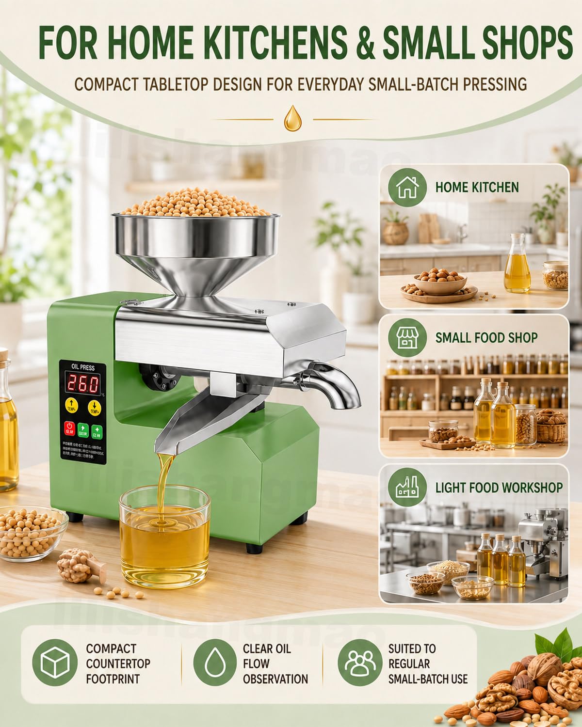 Prensa De Aceite De Sobremesa Para Semillas, Frutos Secos Y Uso Diario 800W | Diseño Compacto Con Calor Ajustable, Marcha Atrás, Tolva Grande Y Vías Separadas Para Aceite Y Residuos