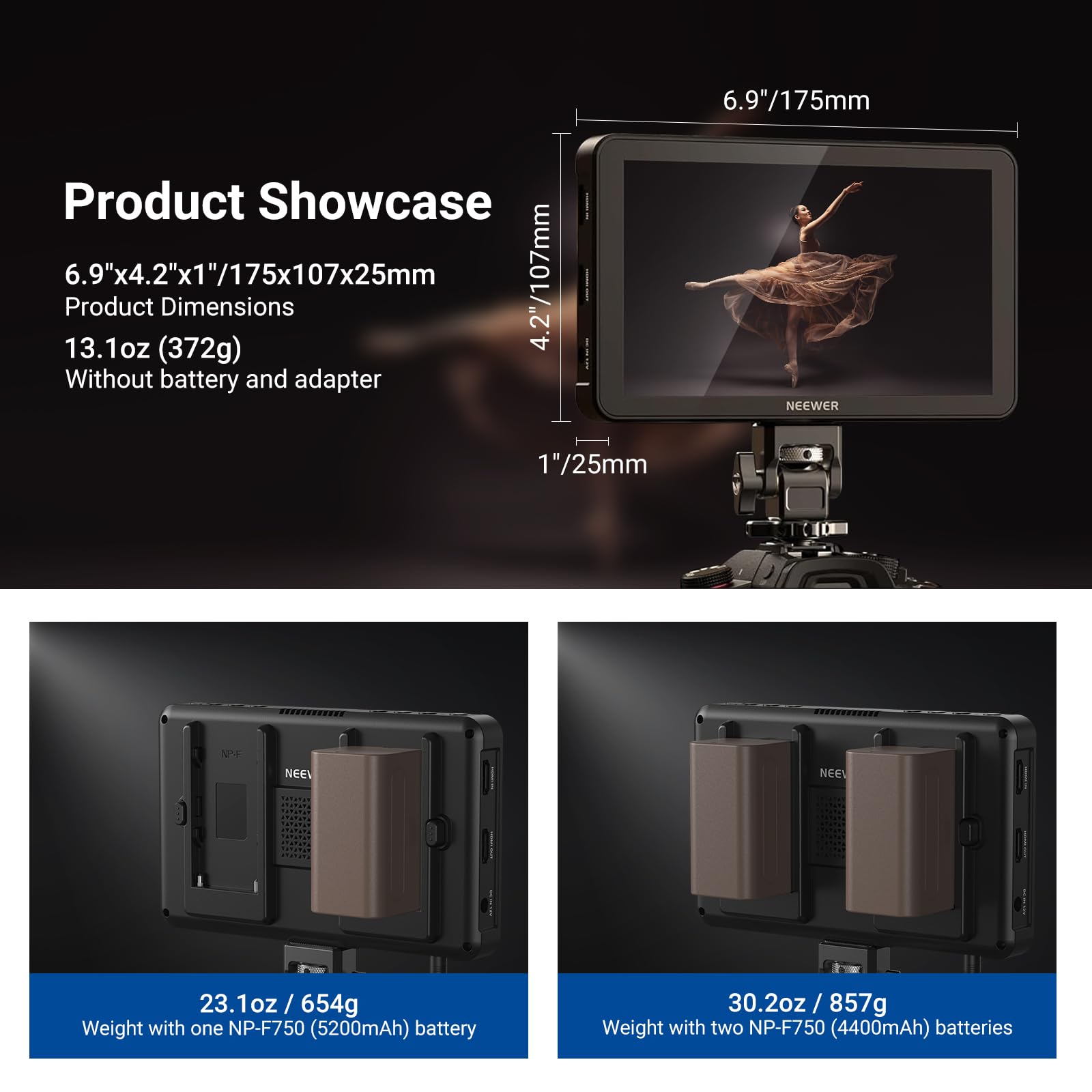 NEEWER F600 7-calowy monitor pola aparatu, ekran dotykowy IPS 2400nit HD 1920 x 1080 z 3D LUT, pętla wejścia/wyjścia HDMI 4K z Peak Focus DSLR Video Assist HDR Waveform, uchwyt na zimną stopkę, 2