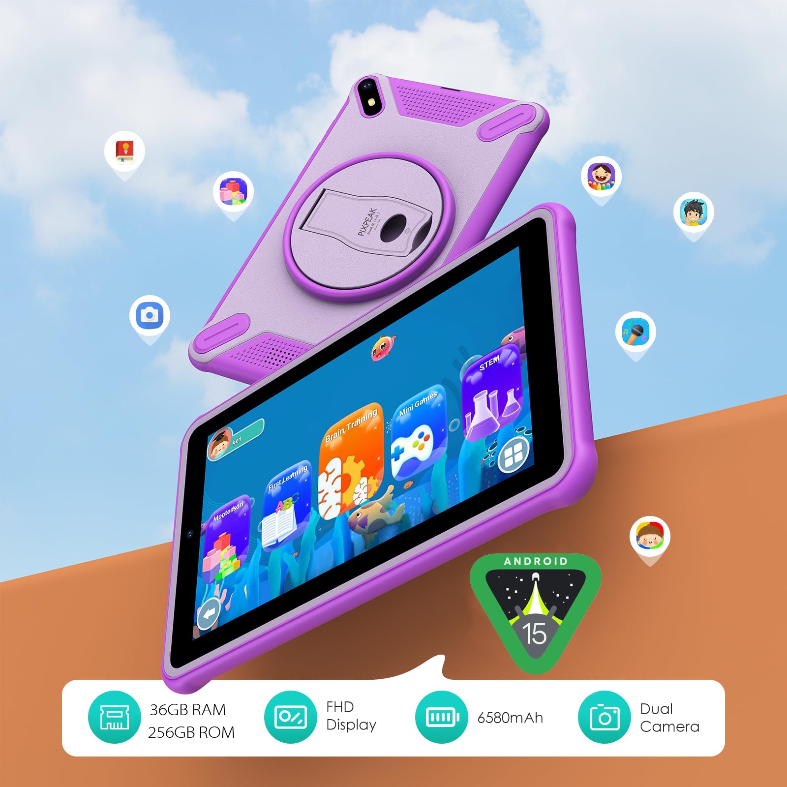 7" Tableta para niños, 36GB RAM 256GB ROM (SD Expandible), Android Kids Tablet, Control Parental, Pantalla FHD, 6580mAh, 5MP+2MP, WiFi, Bluetooth, Tableta Educativa (Pink)