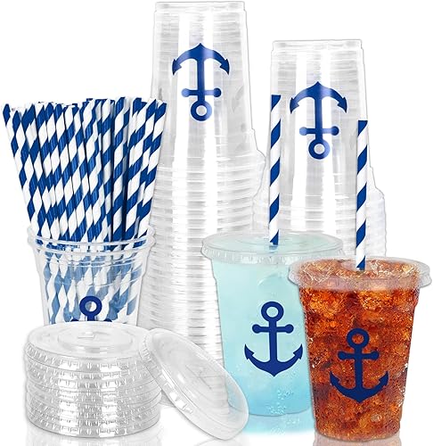 Vista 18 de Whaline 50 piezas de vasos de plástico desechables con cara feliz y pajitas con tapa de un tipo feliz 12 onzas, vasos de fiesta con cara feliz