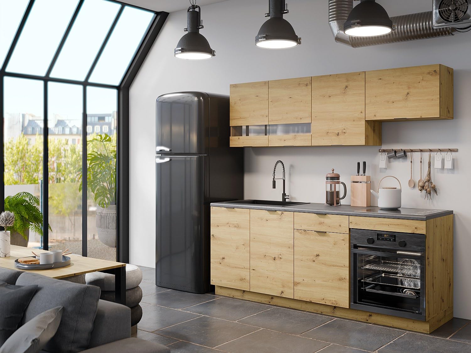 Vente-unique - Cuisine compléte - avec Plan de Travail 200 cm - Naturel et Anthracite - CARMEO
