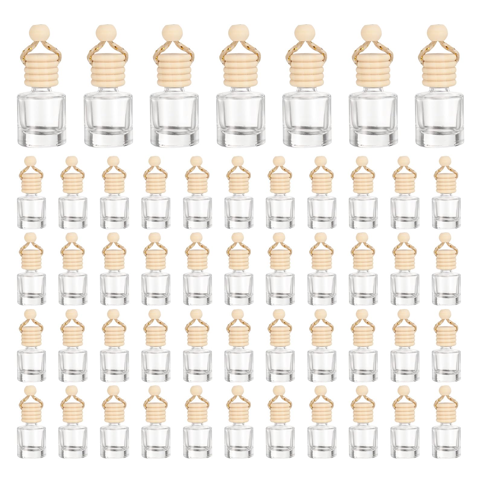 QUARKZMAN 100 Piezas Colgante Perfume Ambientador Para Auto Botella Vacía Vidrio Transparente 8ml Con Tapa Madera Difusor Aromaterapia Para Decoración Auto (Transparente Cilíndrico)