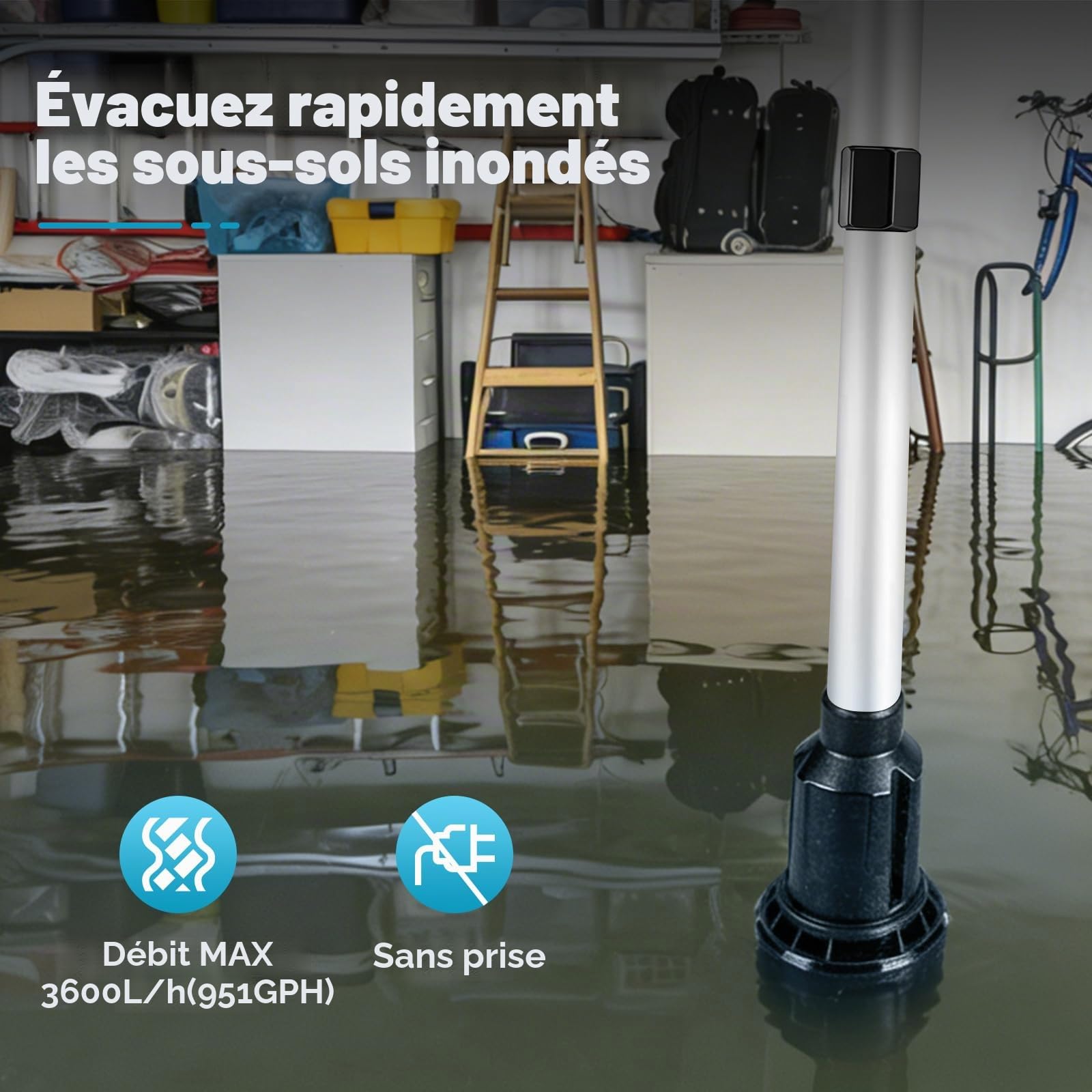 Pompe de transfert d'eau sans fil compatible avec Ma-Kita 18 V, pompe de transfert portable, hauteur de tête de 3 m, débit élevé de 3600 l/h pour sous-sol, piscine, étang, barils de pluie, drainage de