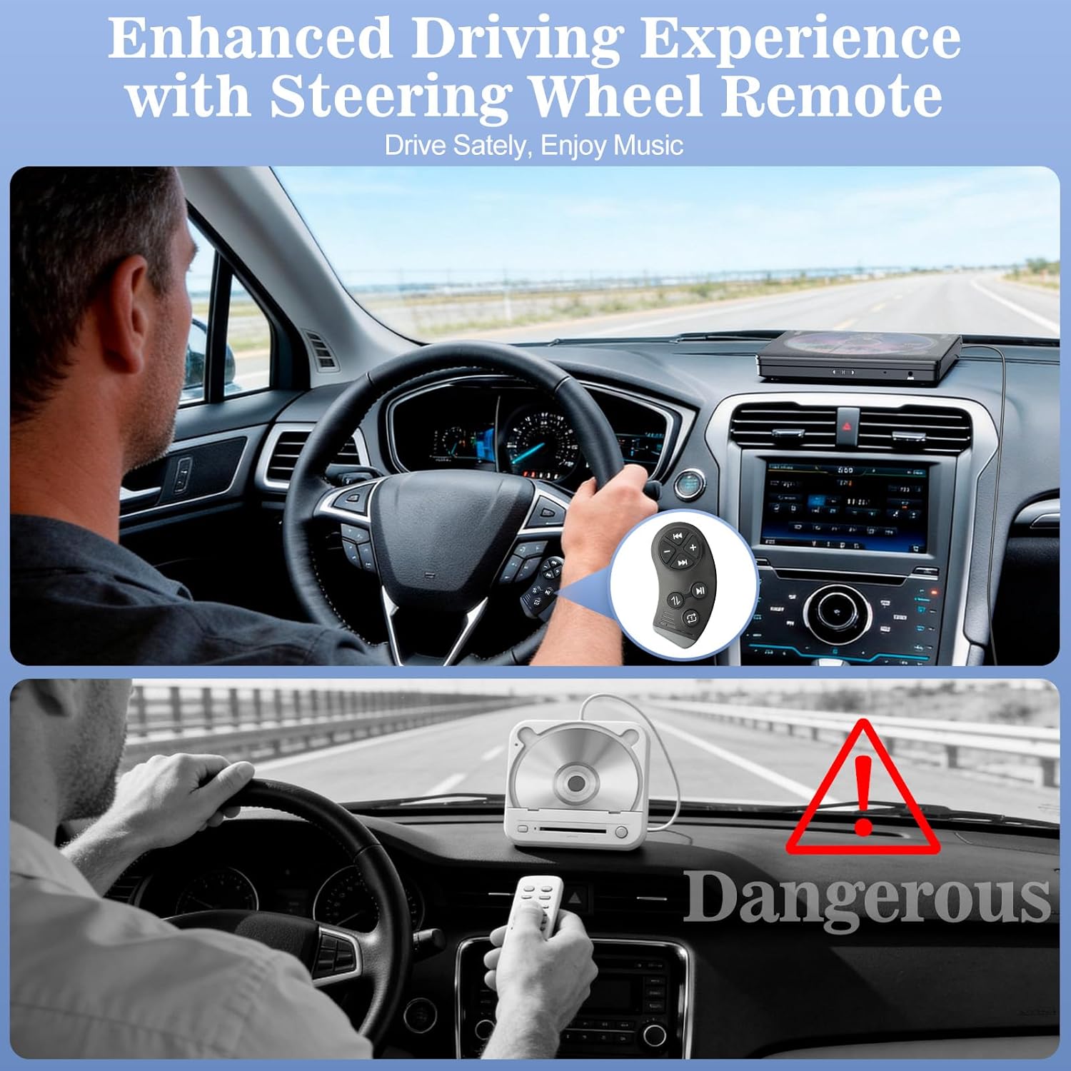 External CD Player for Car, USB & AUX Car CD Player with Steering Wheel Remote, Plug & Play Portable CD Player for Car Without Built-in CD Drive, Anti-Shock, Hidden Cable Storage