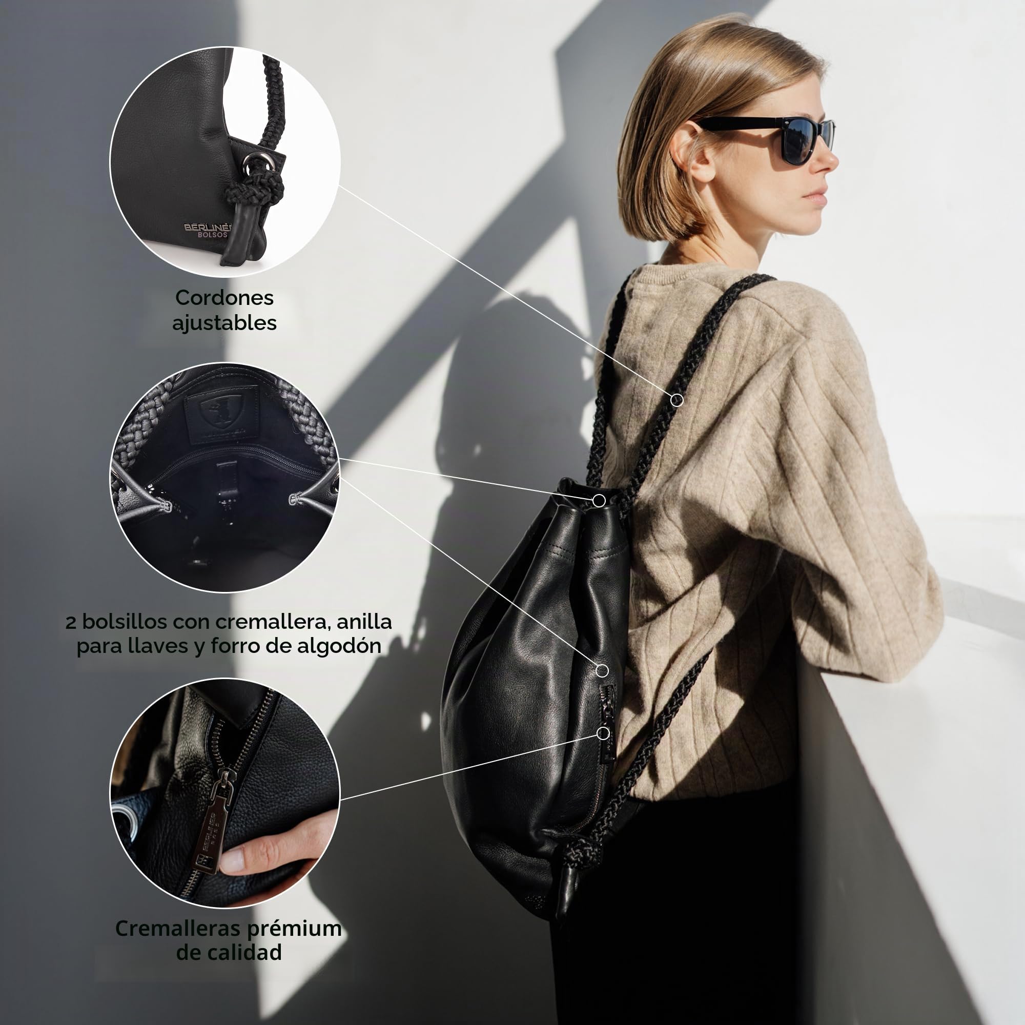 Berliner Bags Mochila de Gimnasio de Piel Auténtica 42x32 cm, Unisex con Cordón Ajustable, Forro de Algodón y Bolsillo Interior con Cremallera, Diseño Elegante - Negro
