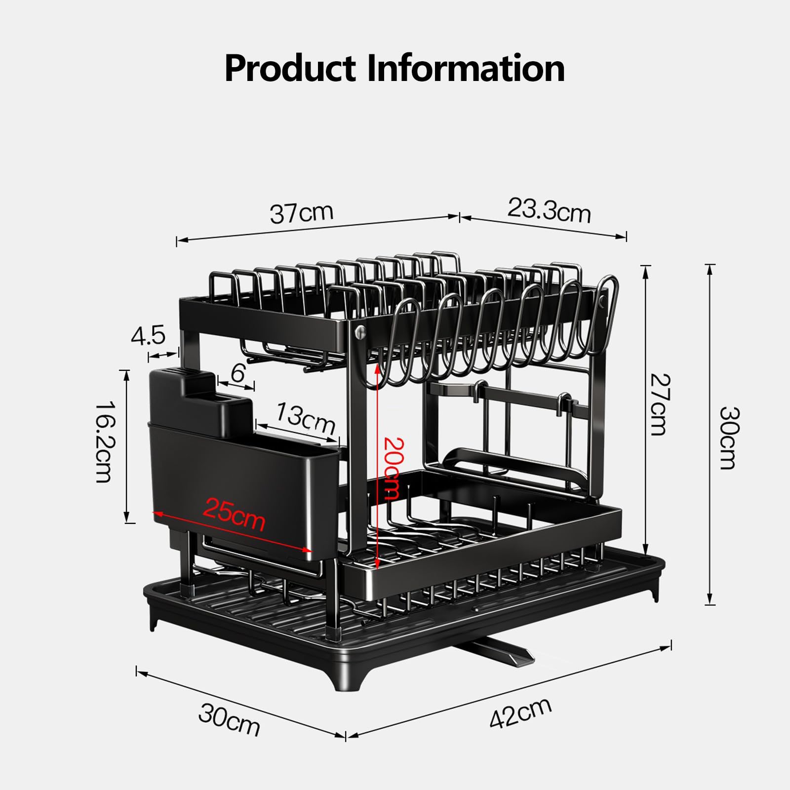 WJWSKI Escurreplatos de 2 niveles para encimera de cocina, estante para platos que ahorra espacio con soporte para utensilios, escurridor de platos de gran capacidad con tabla de drenaje