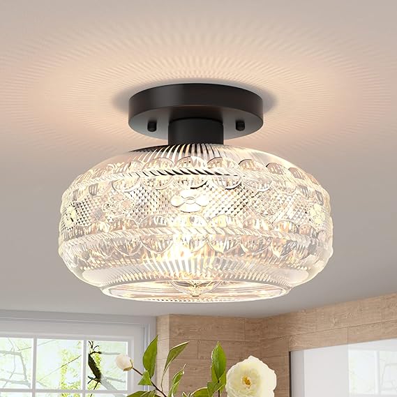 Semi Flush Mount Ceiling Light,Black Hallway Light Fixture,Globe Glass