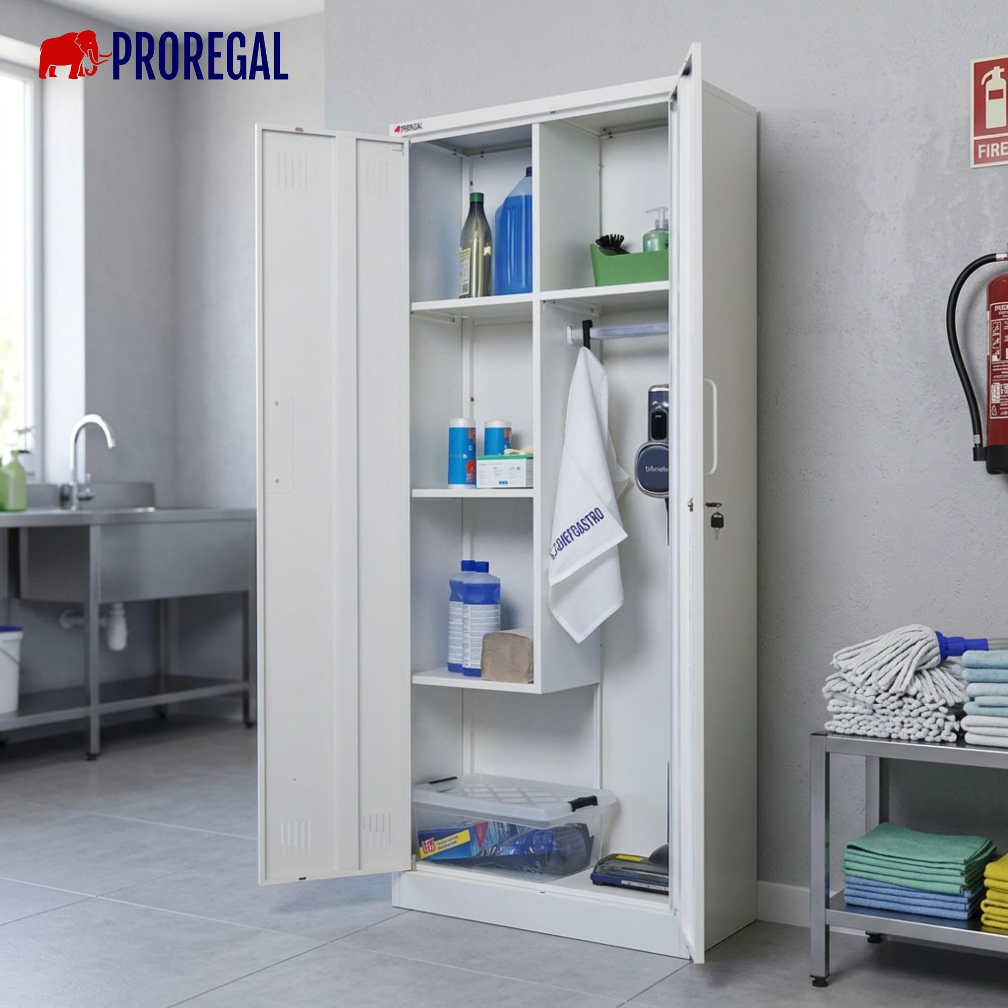PROREGAL Armadio per le pulizie RHINO in metallo 2 ante con serratura porta scope stretto 170x70x30cm 5 scomparti e asta appendiabiti acciaio bianco