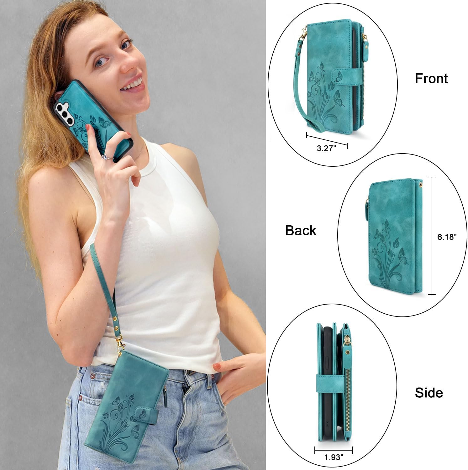 Lacass Case Wallet for Samsung Galaxy S25 6.2 inch, [12 Card Slots] ID Credit Cash Holder Zipper Pocket Detachable Leather Wallet Cover with Wrist Strap Lanyard（Floral Blue Green）