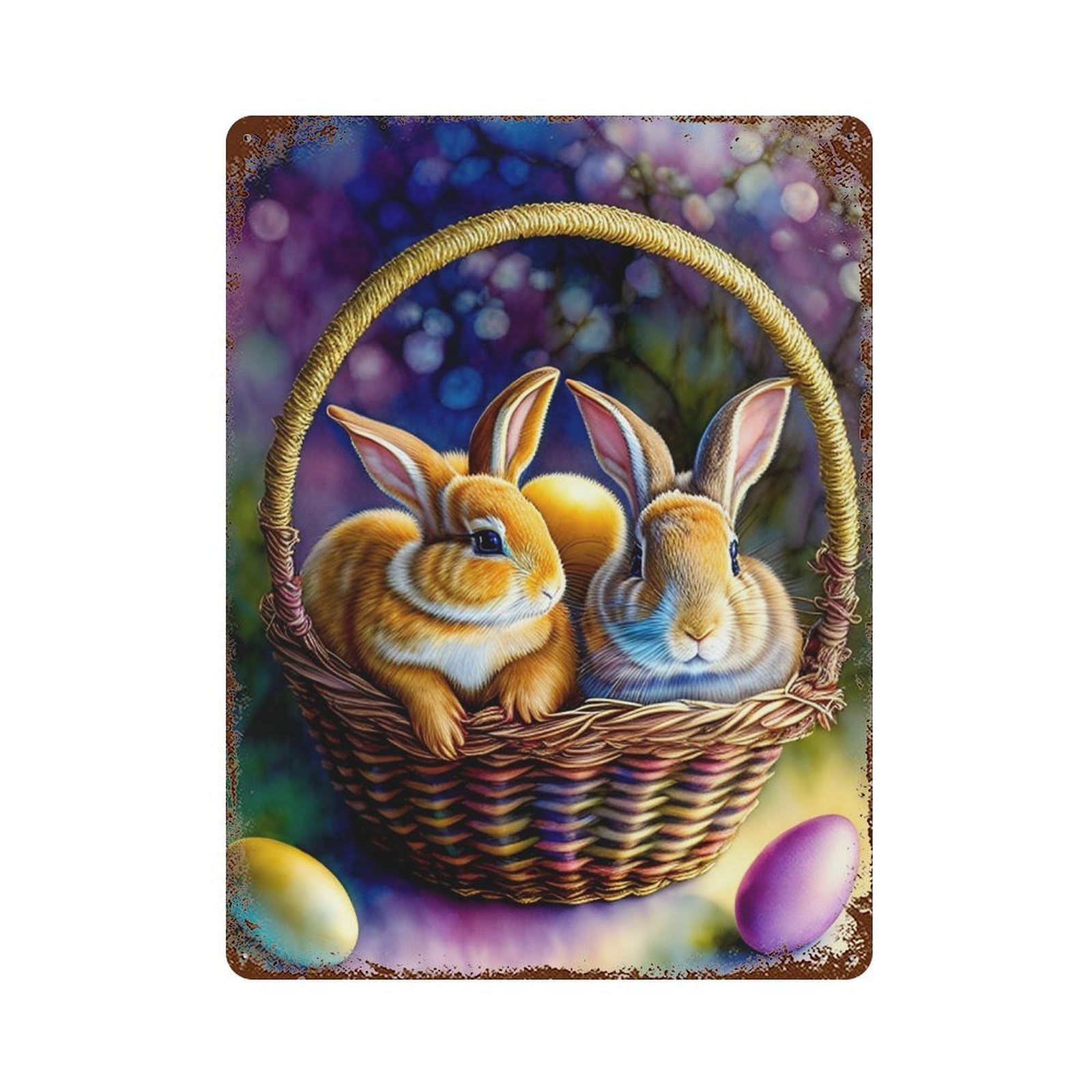 Garage Style Easter Basket with Bunnies Rusty Metal Tin Sign 15.7"x11.8", Novelty Wall Decor for Bar And Workshop