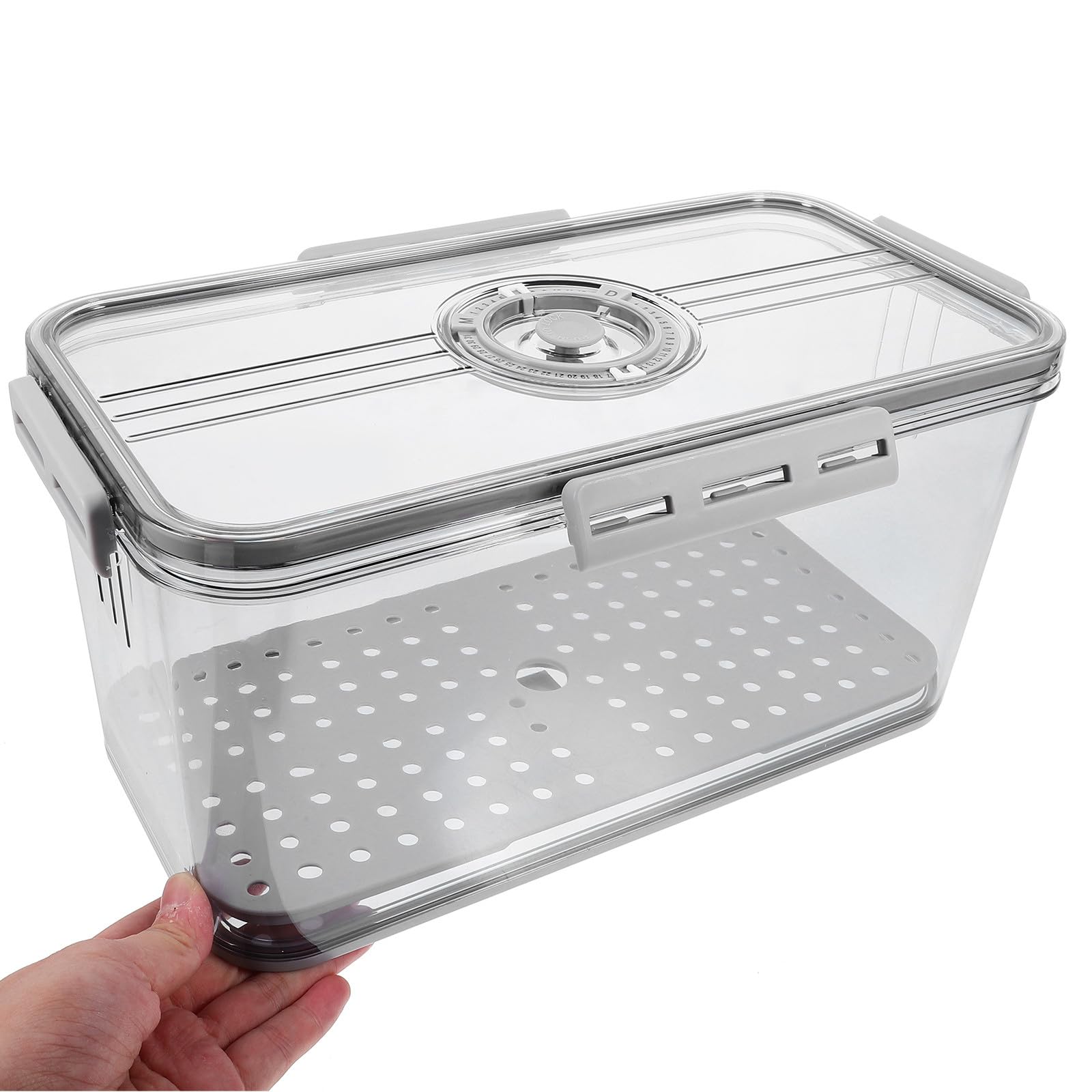 SHINEOFI Contenedor de Alimentos para Refrigerador de 4 Cierres y Sello Hermético, Caja de Pan Gris H-7005 con Dial Temporizador, Almacenamiento de Frutas y Verduras, Organizador
