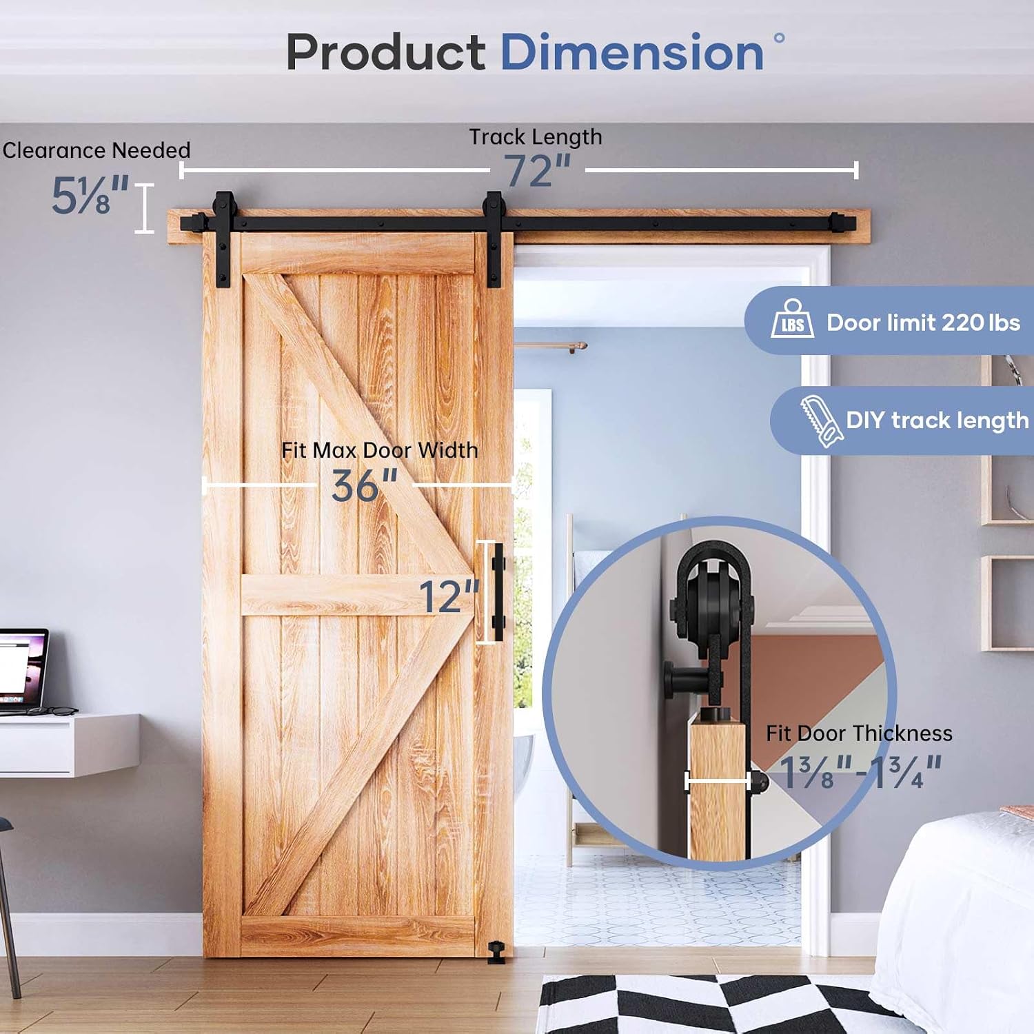 6 FT Sliding Barn Door Track and Handle Hardware Kit,Basic J Pulley,Slide Smoothly Quietly,Easy Install (6FT Track Kit for 30"~36" Wide Single Door)
