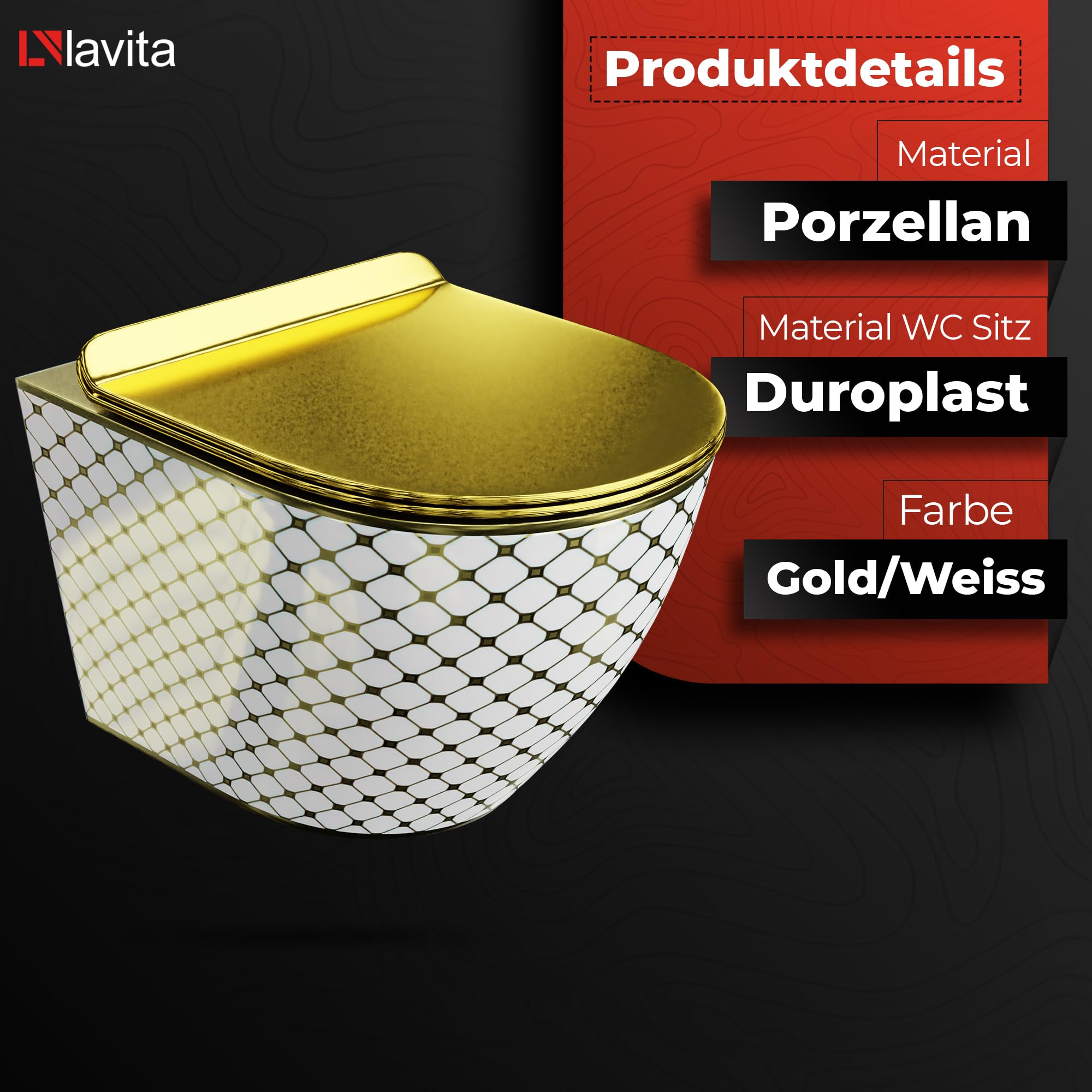Lavita Vorwandelement Solido Start + Wand Hänge WC Sofi Slim Checked Gold Spülrandlos + WC Sitz mit Absenkautomatik Verchromter Knopf Komplettset Unterputz Spülkasten Toilette Komplett Sett WC