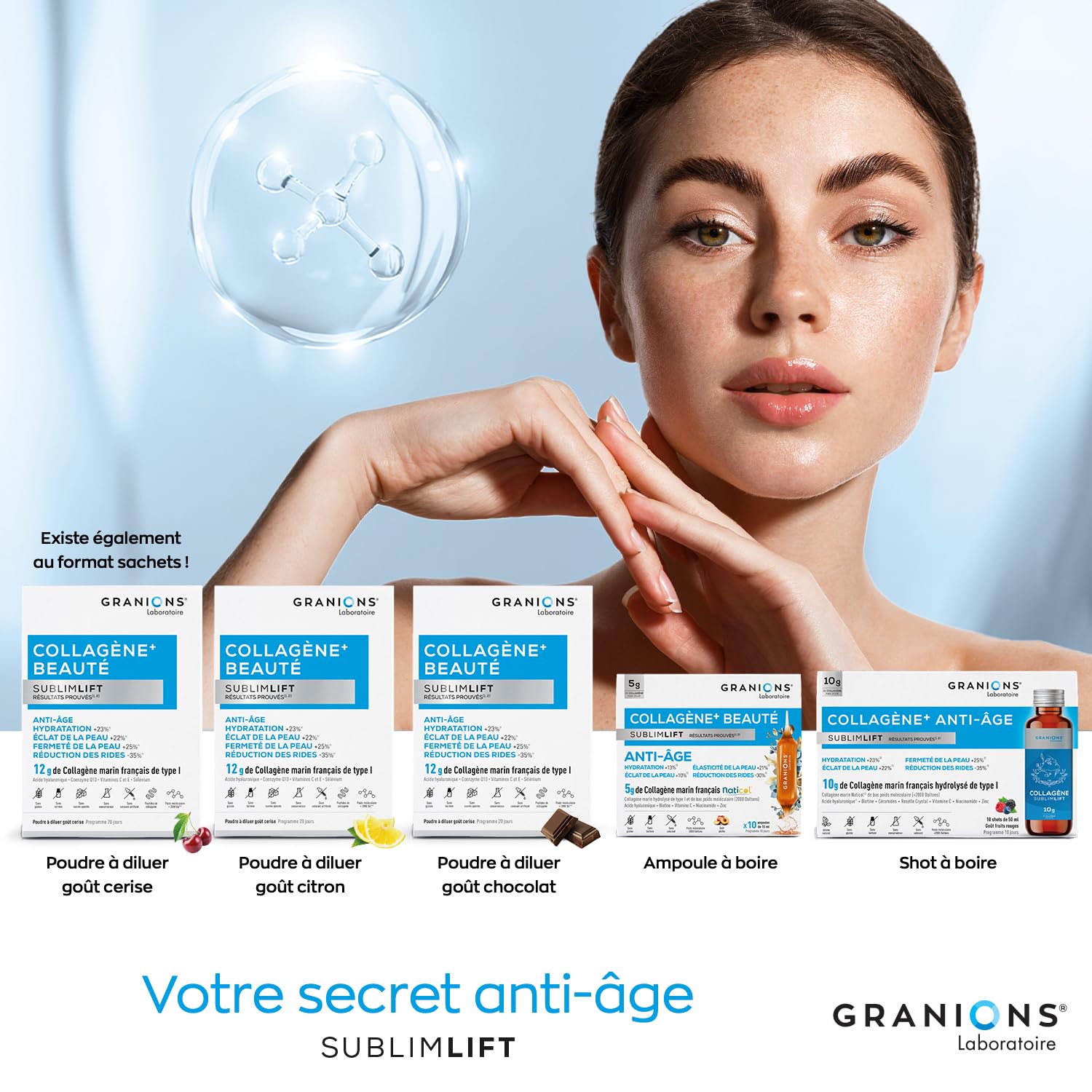 COLLAGENE MARIN BEAUTE SUBLIME LIFT GRANIONS - Collagene Marin - Acide Hyaluronique - Vitamine C - Coenzyme Q10 - Collagène - Peptide de Collagene - Goût Chocolat 300g