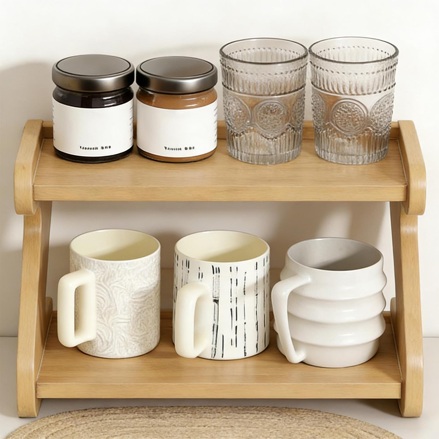 Soporte para Tazas de Café de 2 Niveles Estante de Encimera para Baño Especieros para Cocina Encimera para Estación de Café y Oficina (Color Natural)
