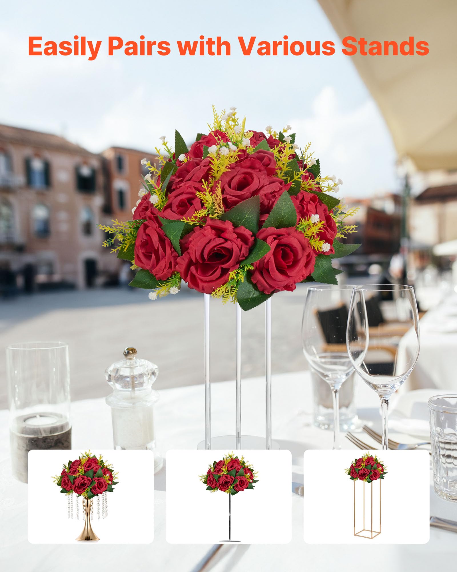 VEVOR Bouquet di Fiori Artificiali, 10 Pezzi, Diametro 24 cm, Centrotavola di Rose per Matrimonio, Composizioni Floreali Finte per Cerimonie, Ricevimenti, Decorazioni per Esterni, Rossa
