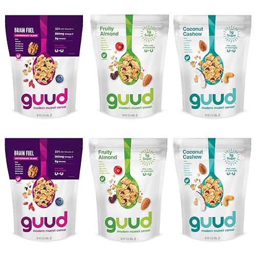 GUUD - Paquete variado de cereales Muesli sin gluten, 12 onzas (paquete de 6), combustible cerebral, almendra afrutada, anacardo de coco, vegano,