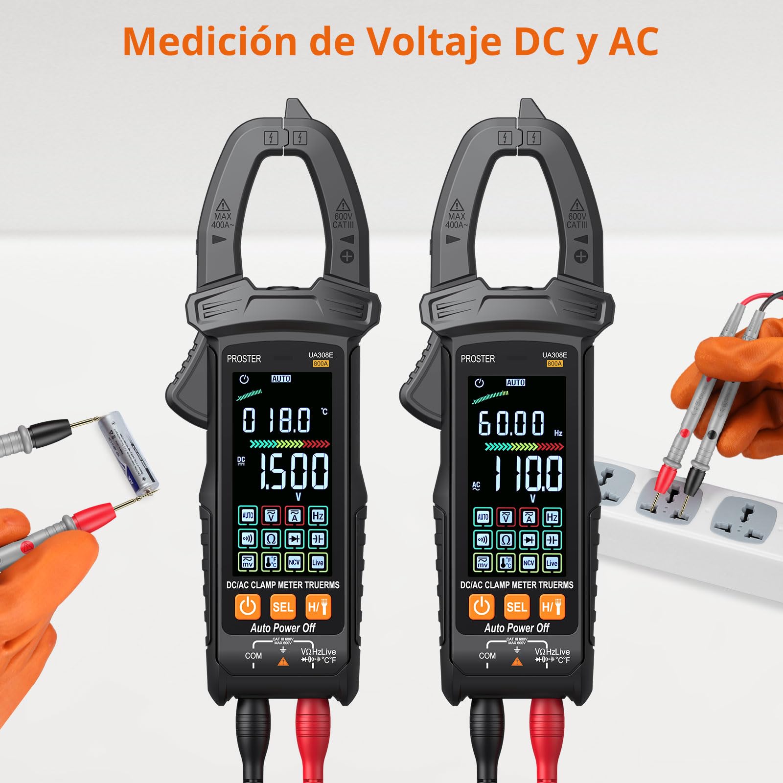 Proster Pinza Amperimétrica TRMS 6000 Cuentas - Medición de Corriente AC/DC 800A, Voltaje 600V, NCV, Resistencia, Diodo y Temperatura con Pantalla Grande y Bolsa de Almacenamiento