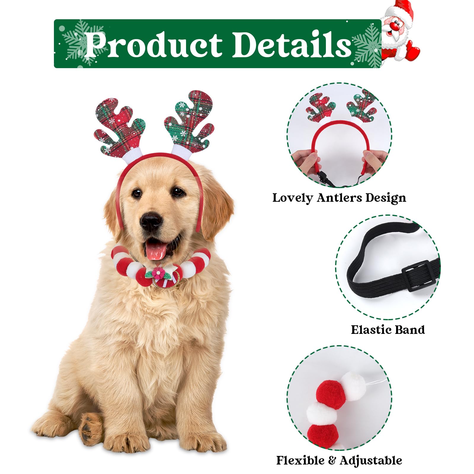 Cat Dog Christmas Outfit, Pet Christmas Costume, Christmas Pet Headwear, Xmas Small Dog Dress up, Christmas Reindeer Antlers Hat, Christmas Pom Pom Collar for Puppy Dog Cat - Image 3