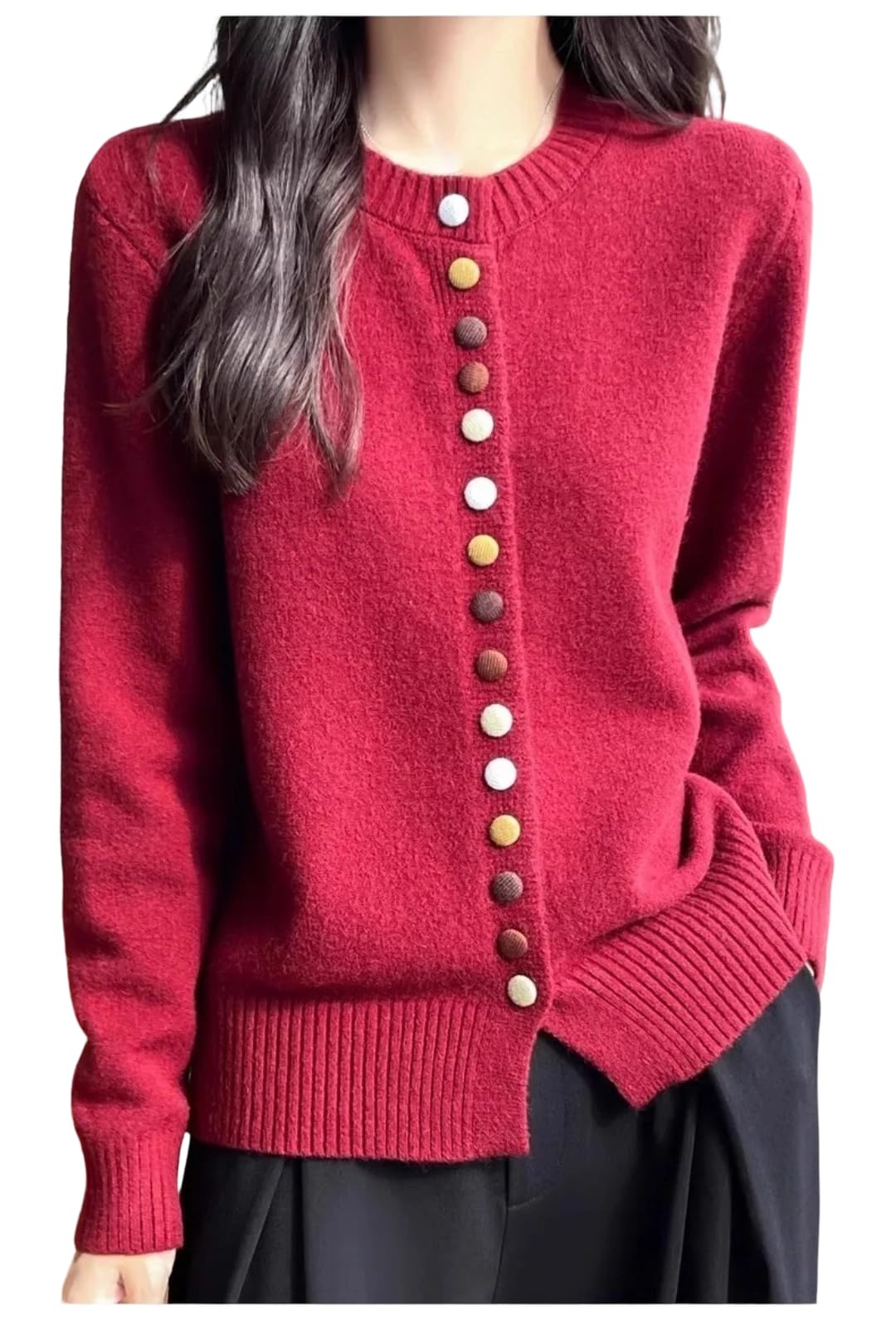 Womens Single-Breasted Thick Warm Winter Knitted Round Neck Long Sleeve Cardigan
