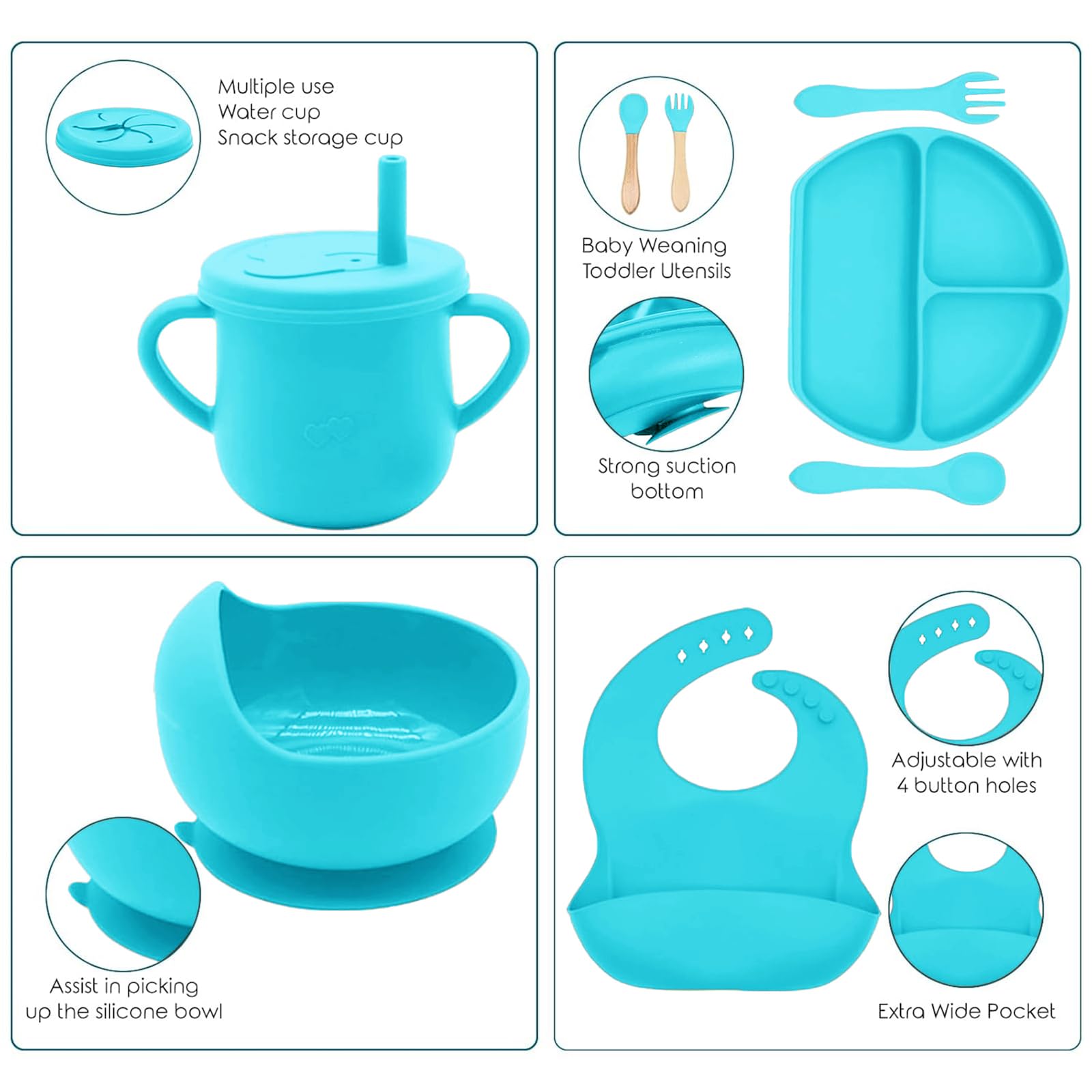 100% Silicone baby feeding set,BPA free Baby dishes set with Suction Bowl Divided Plate,Toddler Self Feeding Dish Set with Spoons Forks Sippy Cup And Bib, Baby Eating Utensils (Cyan Blue)