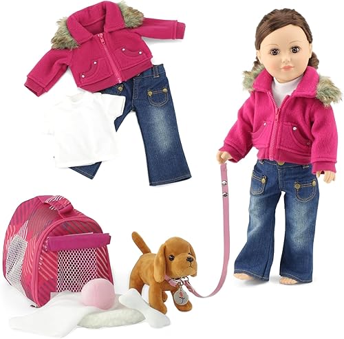 Emily Rose Conjunto de ropa y accesorios para muñecas de 18 pulgadas, paquete de 3 piezas de chaqueta con cuello de piel sintética con camiseta