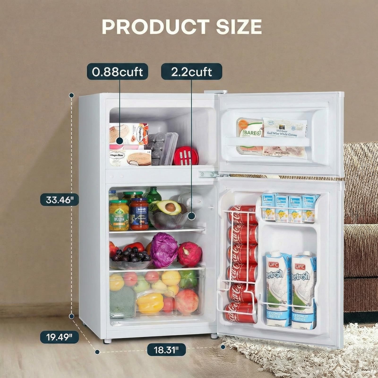 Upstreman 3.1 Cu.Ft Mini Fridge With Freezer, Double Door Small Fridge, Dorm Essentials, Adjustable Thermostat, Energy Saving, Mini Refrigerator For Office, Dorm, Bedroom, White on Fridge.com - View 2