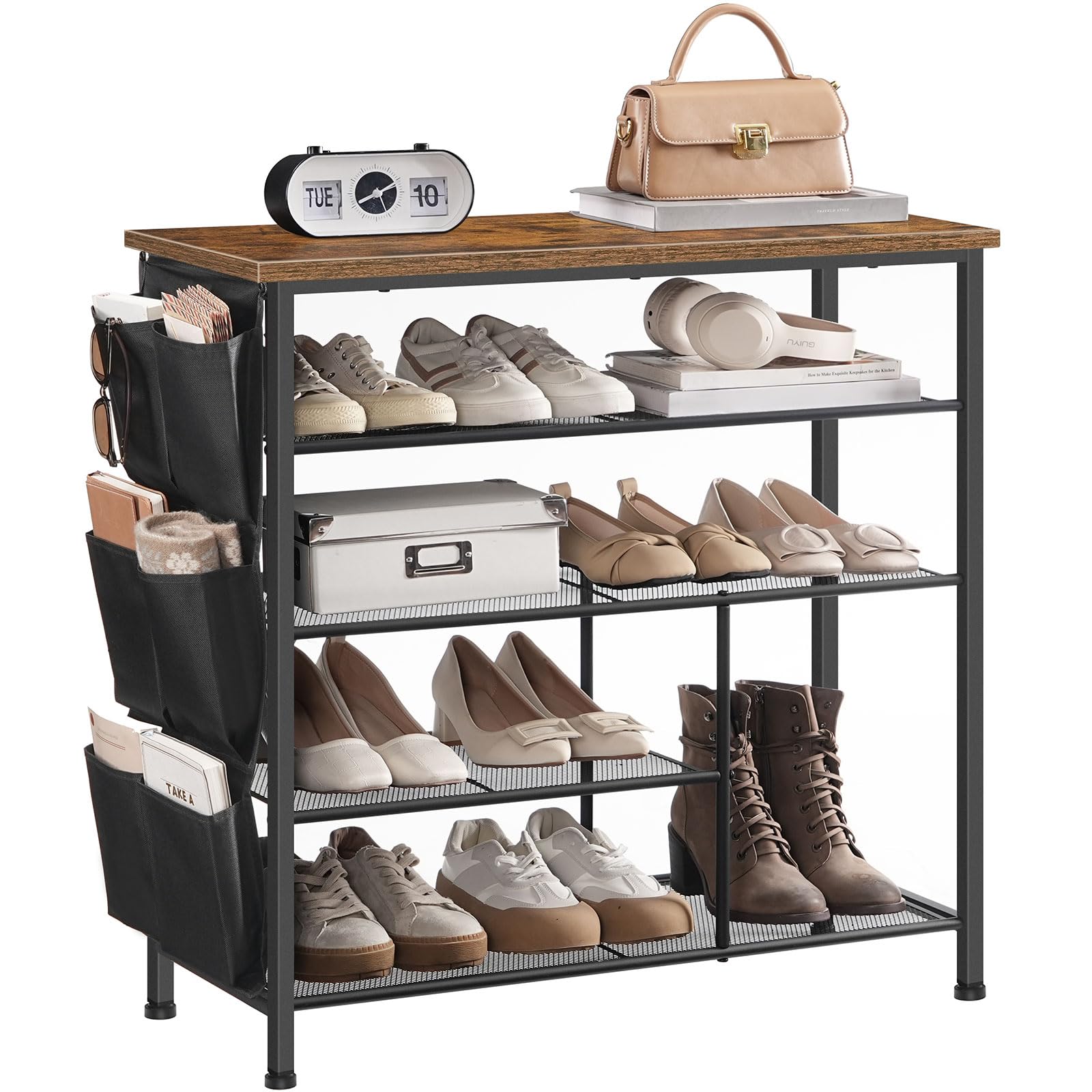 HOOBRO Schuhregal, 5 Ebenen Schuh-Organizer, Schuhablage mit Seitentaschen, Metallrahmen, Platzsparend, für Schlafzimmer, Flur, Vintagebraun und Schwarz EBF73XJ01