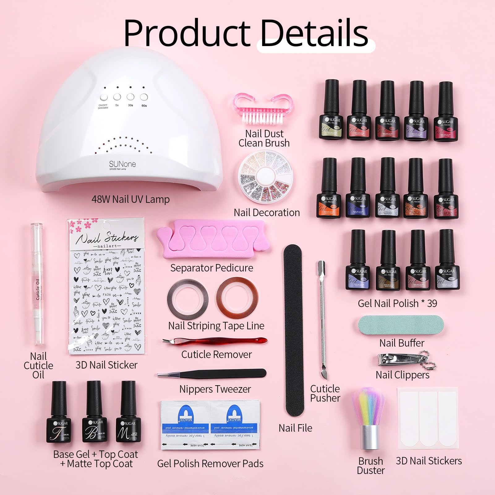 UR SUGAR Kit Vernis Semi Permanent Complet, 39 Couleurs Kit Ongle Gel UV Complet avec 48W Lampe UV/LED, Kit Manucure Semi Permanent avec Base et Top Coat set pour Femmes Débutant Cadeau